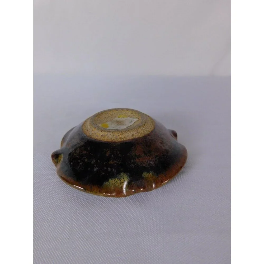 Vintage Crushed Glass Ceramic Ashtray Brown Green Multicolor Pottery Retro Decor